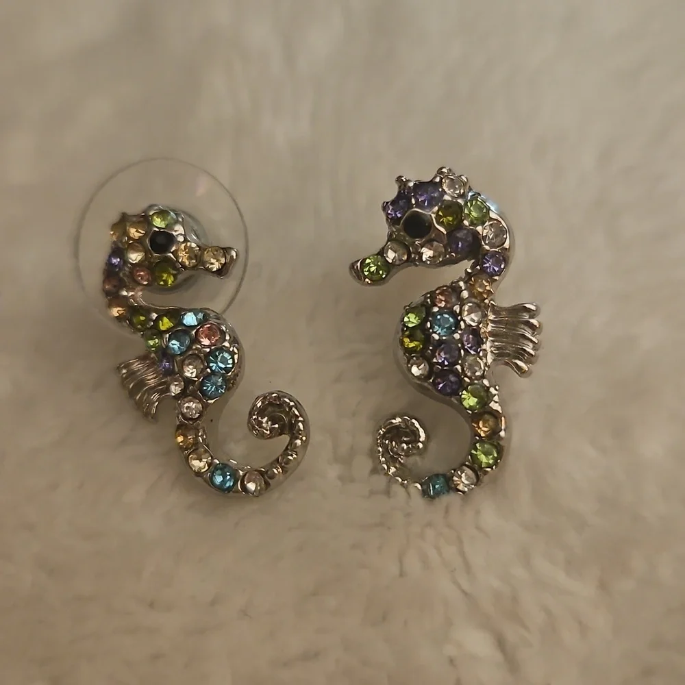 3/$30 Pastel Paved Rhinestone Seahorse Post Earrings